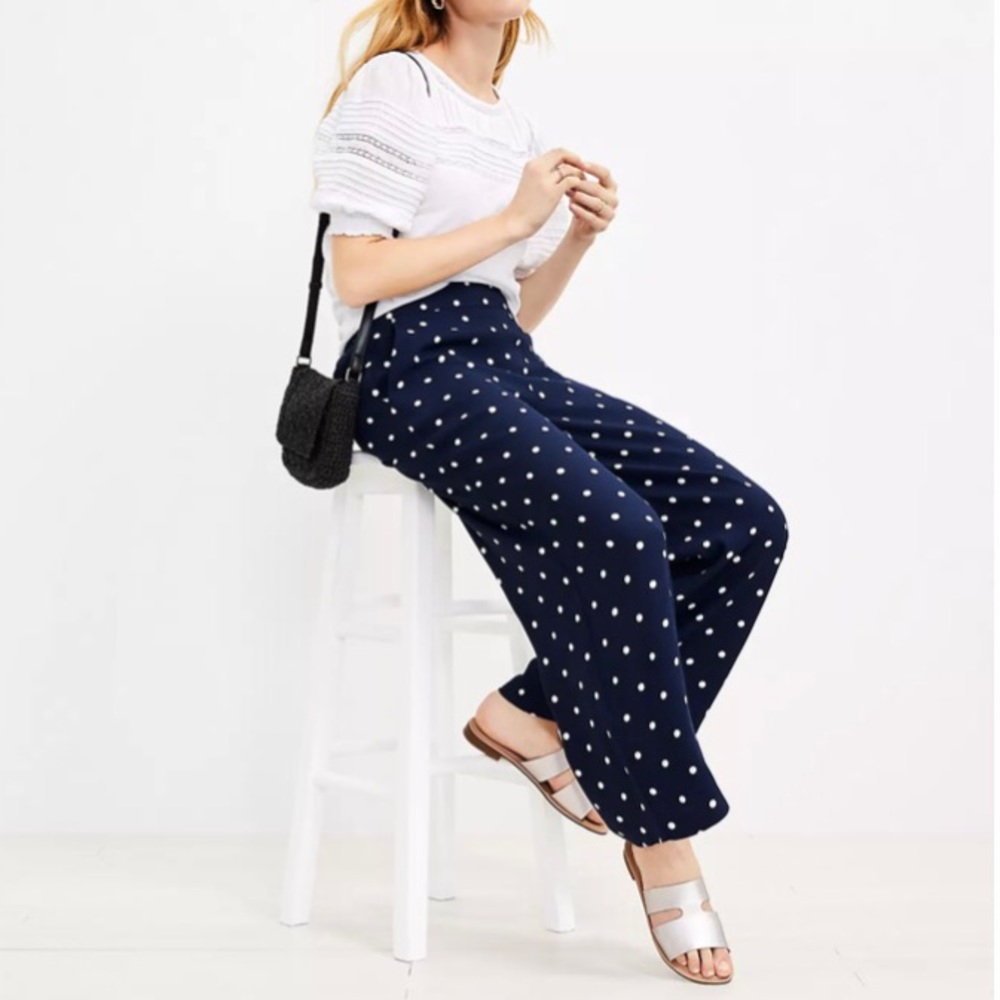 Ann Taylor Loft Fluid Wide Leg Pants In Polka Dot In Sailor Navy NWT